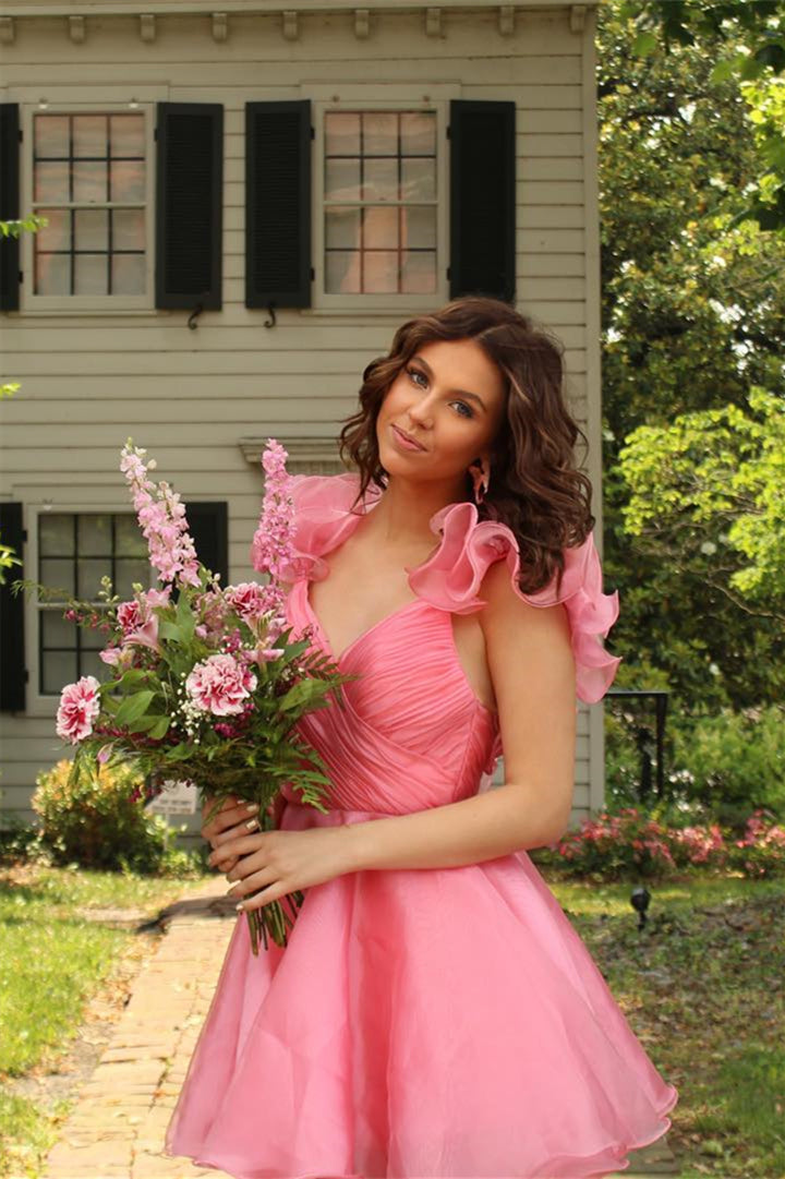 Ruffles Straps Pink Pleated A-line Short Homecoming Dress