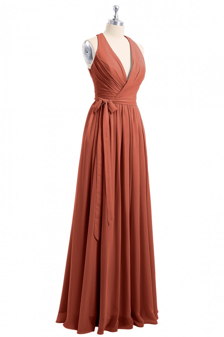 Rust Halter V Neck Chiffon Long Bridesmaid Dress