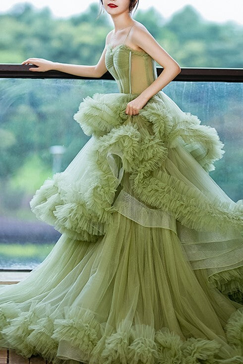 Sage Green A-line Layers Long Ball Gown 