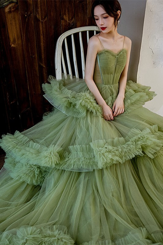Sage Green A-line Layers Long Ball Gown 