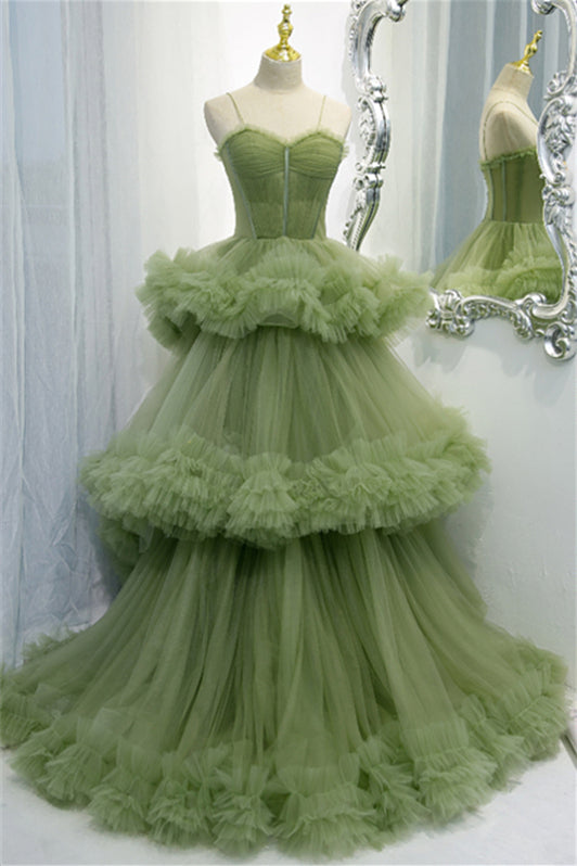 Sage Green A-line Layers Long Ball Gown