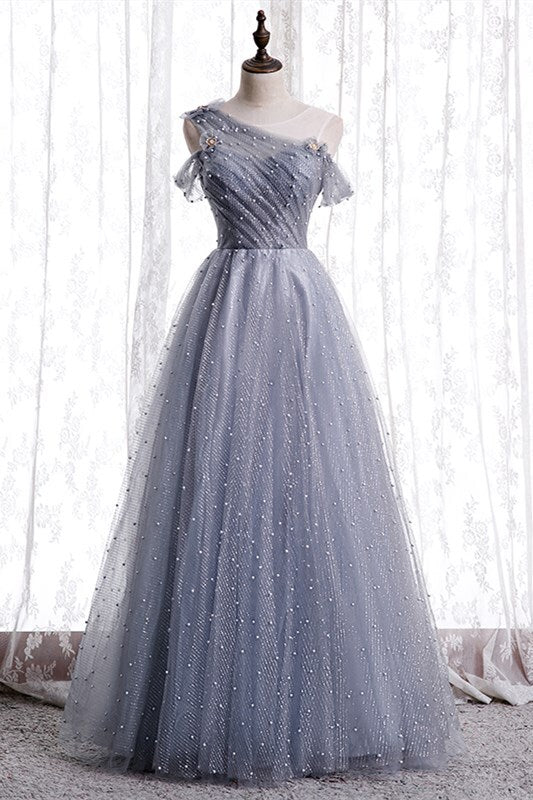 A-line Grey Tulle Long Prom Dress with Pearls