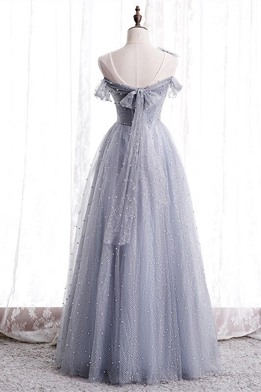 A-line Grey Tulle Long Prom Dress with Pearls