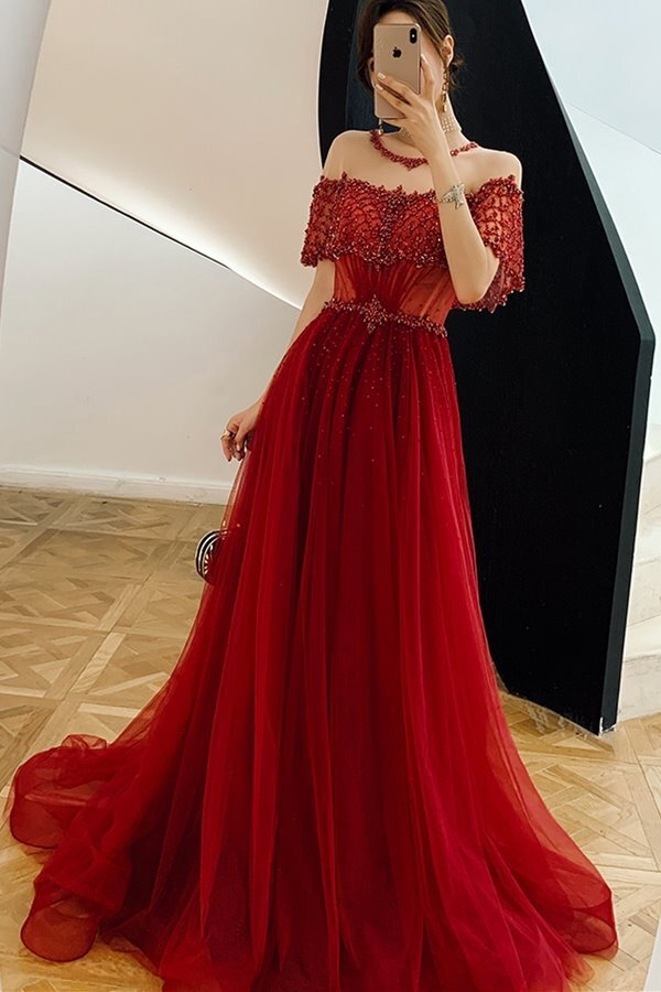 Scoop Beaded Light Blue Long Evening Dress