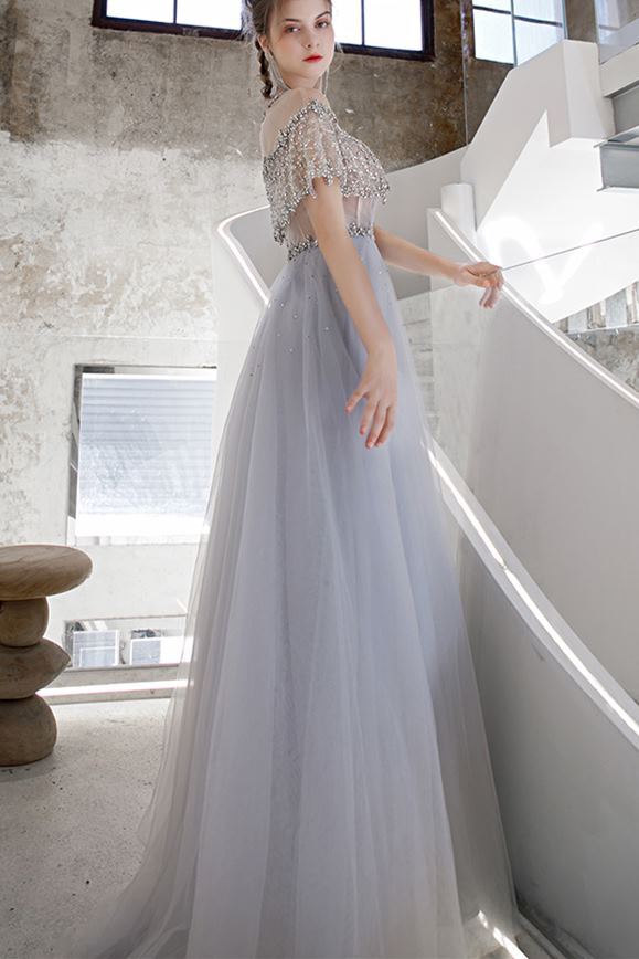 Scoop Beaded Light Blue Long Evening Dress