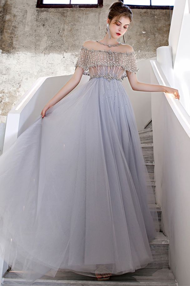 Scoop Beaded Light Blue Long Evening Dress