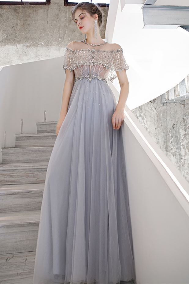 Scoop Beaded Light Blue Long Evening Dress