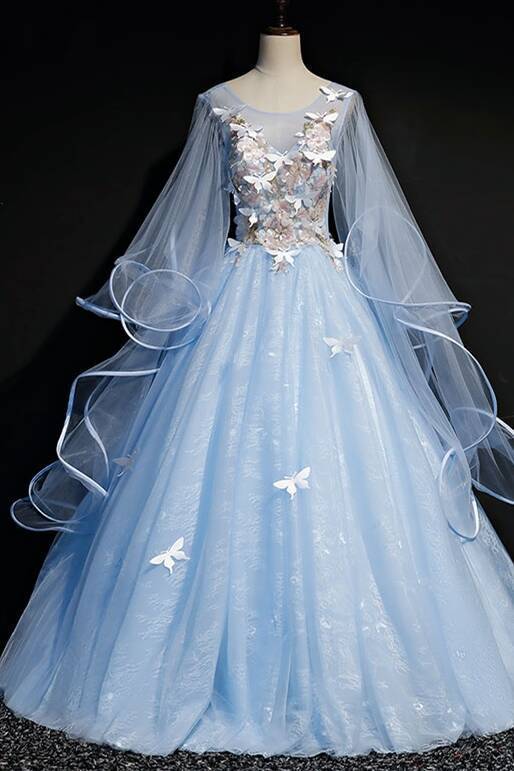 Scoop Blue Ball Gown with Bell Sleeves