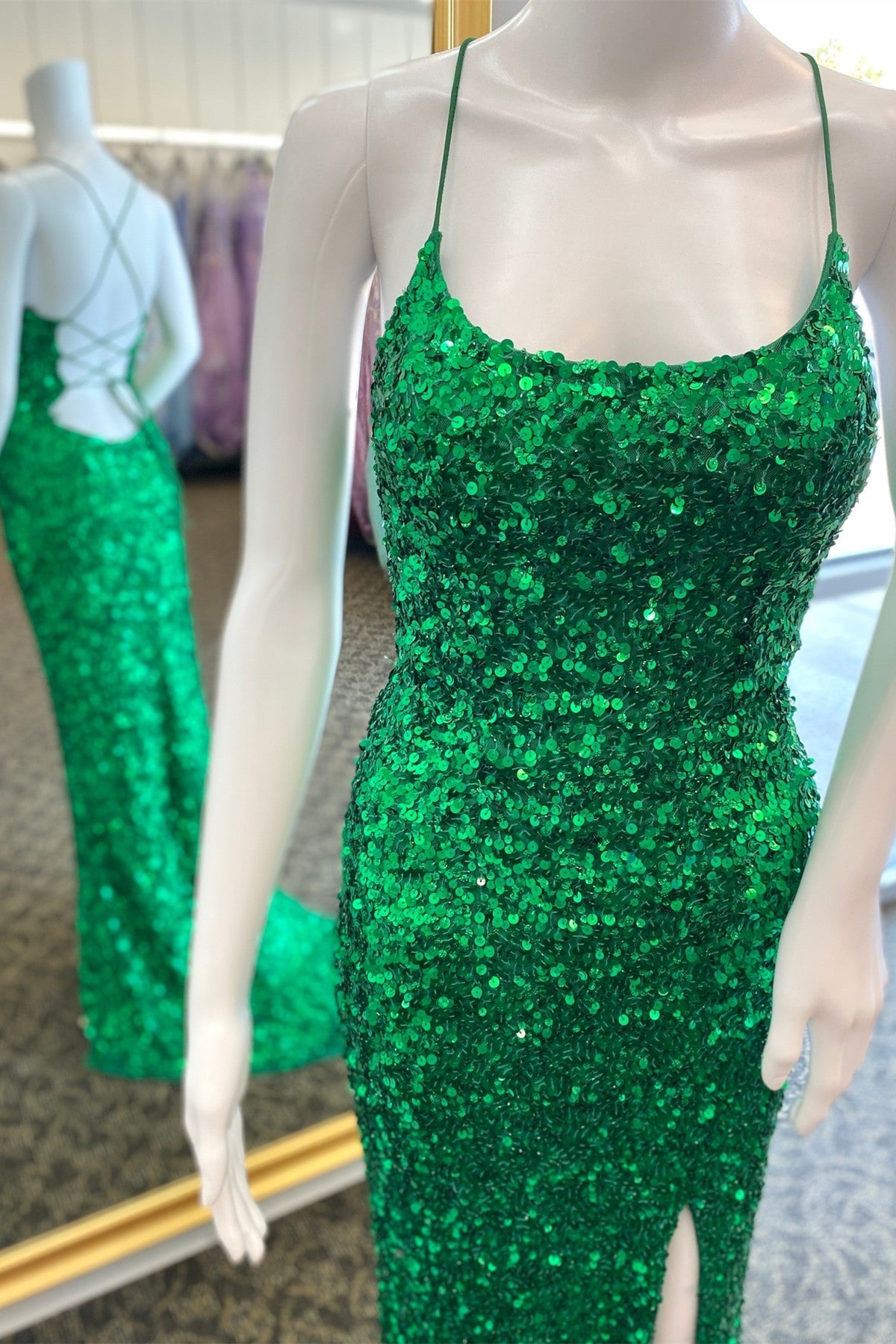 Scoop Green Sequin Mermaid Long Formal Dress