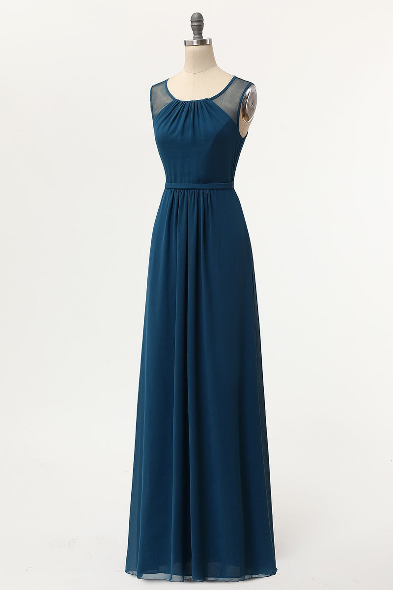 Scoop Navy Blue Chiffon Long Bridesmaid Dress