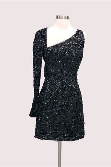 Sexy Black Sequins Mini Bodycon Dress with One Sleeve