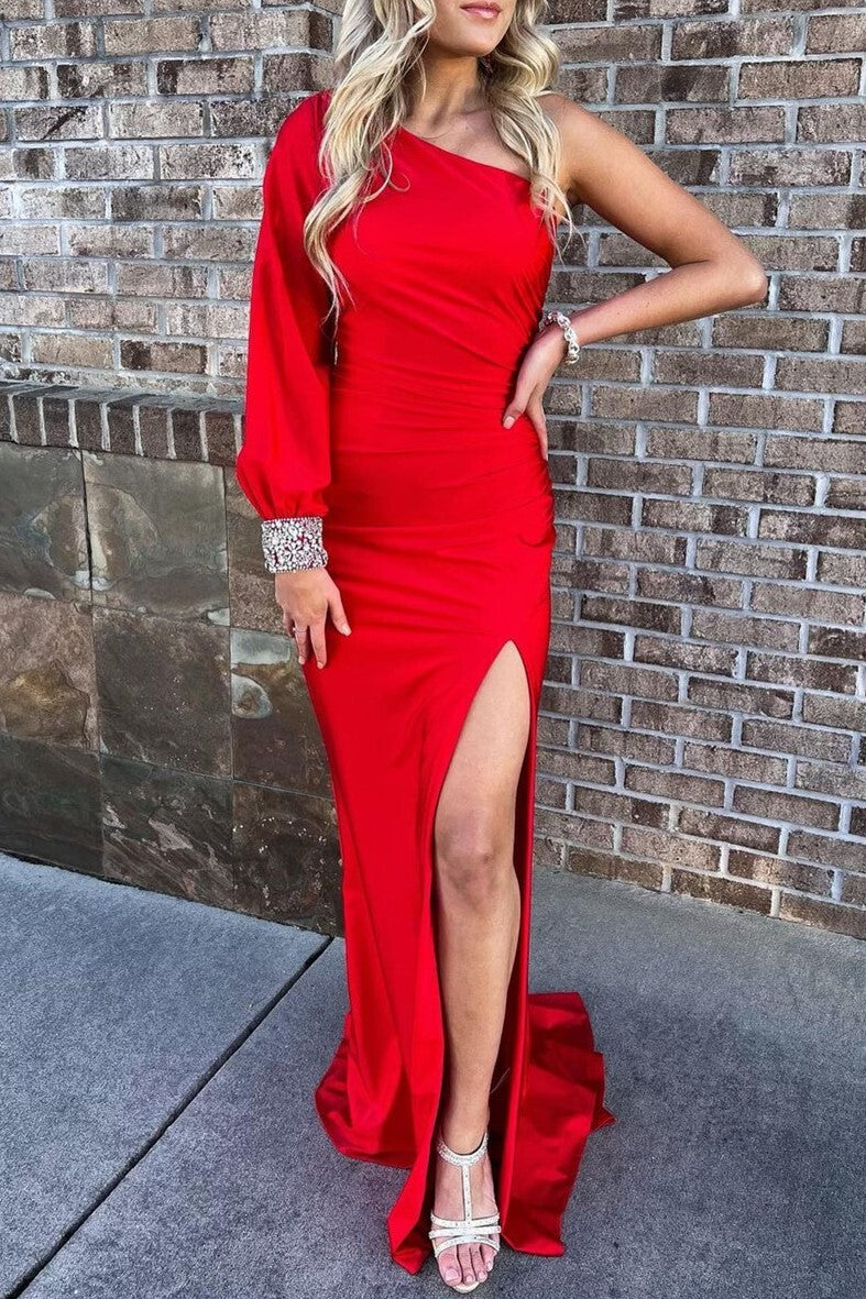 Sexy One Shoulder Long Sleeve Royal Blue Mermaid Party Dress