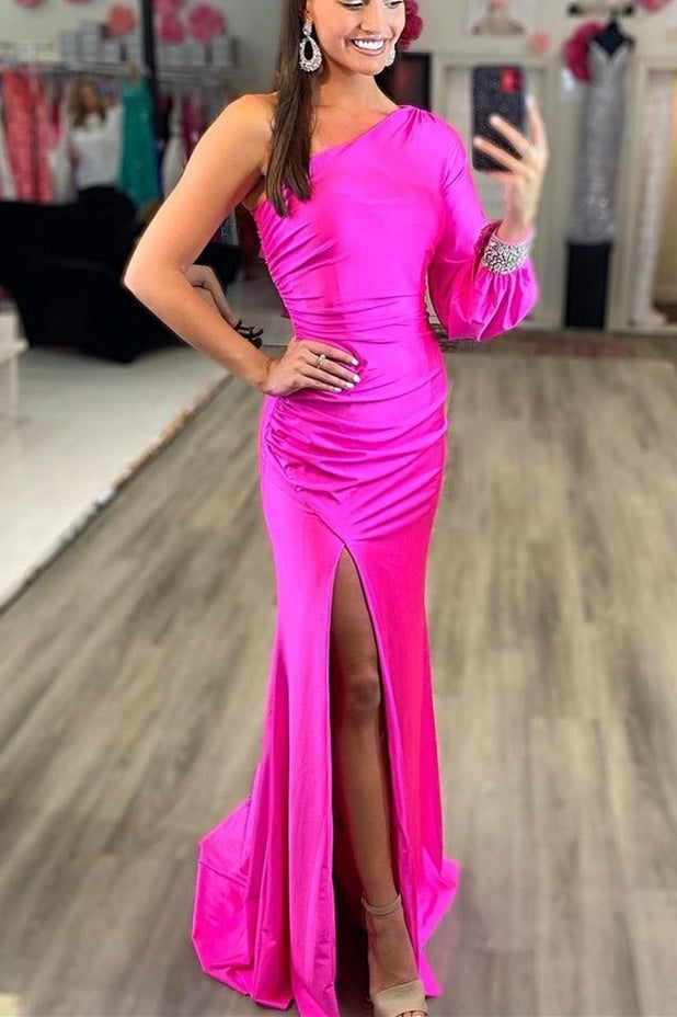Sexy One Shoulder Long Sleeve Royal Blue Mermaid Party Dress
