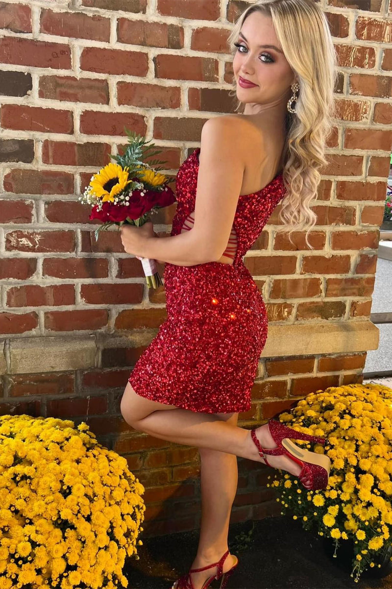 Sexy One Shoulder Red Sequin Party Dress