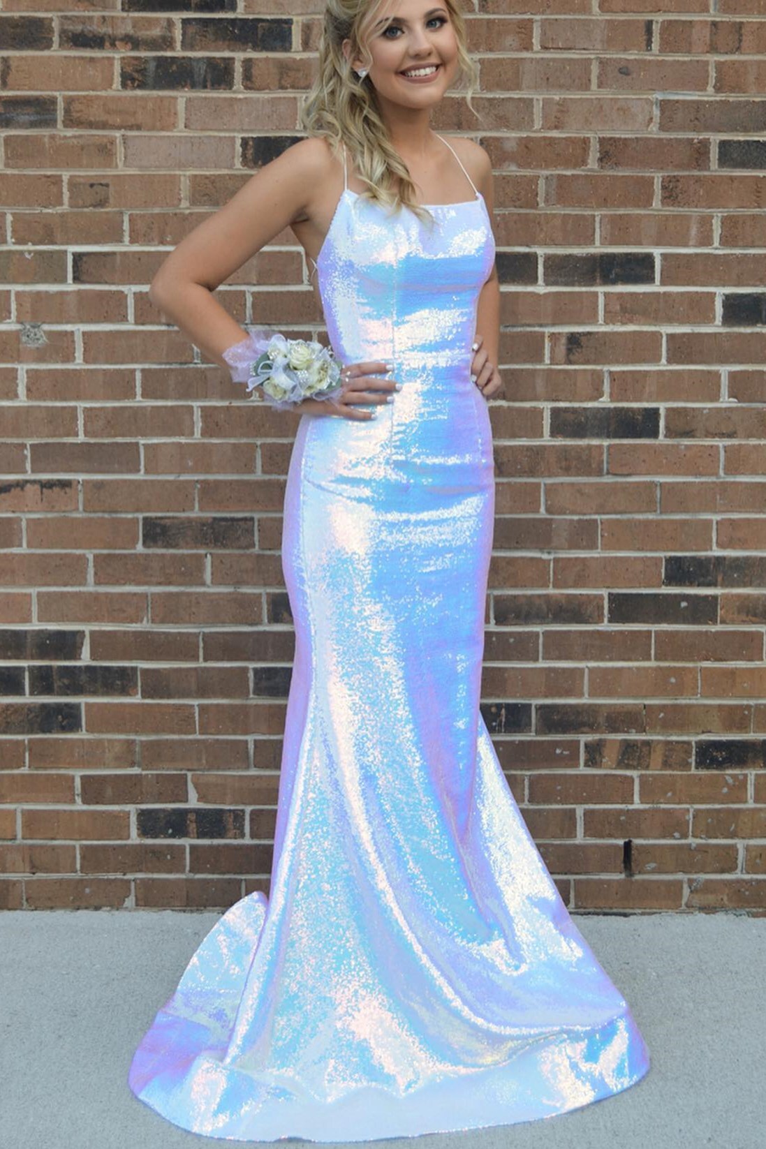 Shiny White Straps Mermaid Long Prom Dress 
