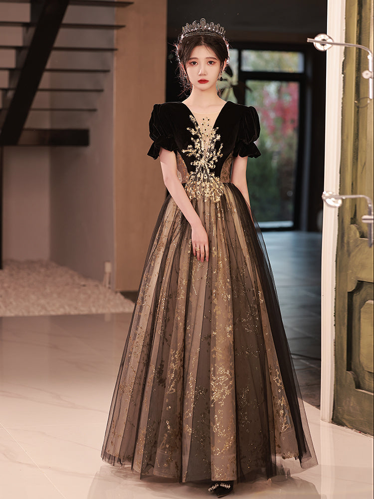 Short Sleeves Black Velvet and Tulle Long Formal Dress