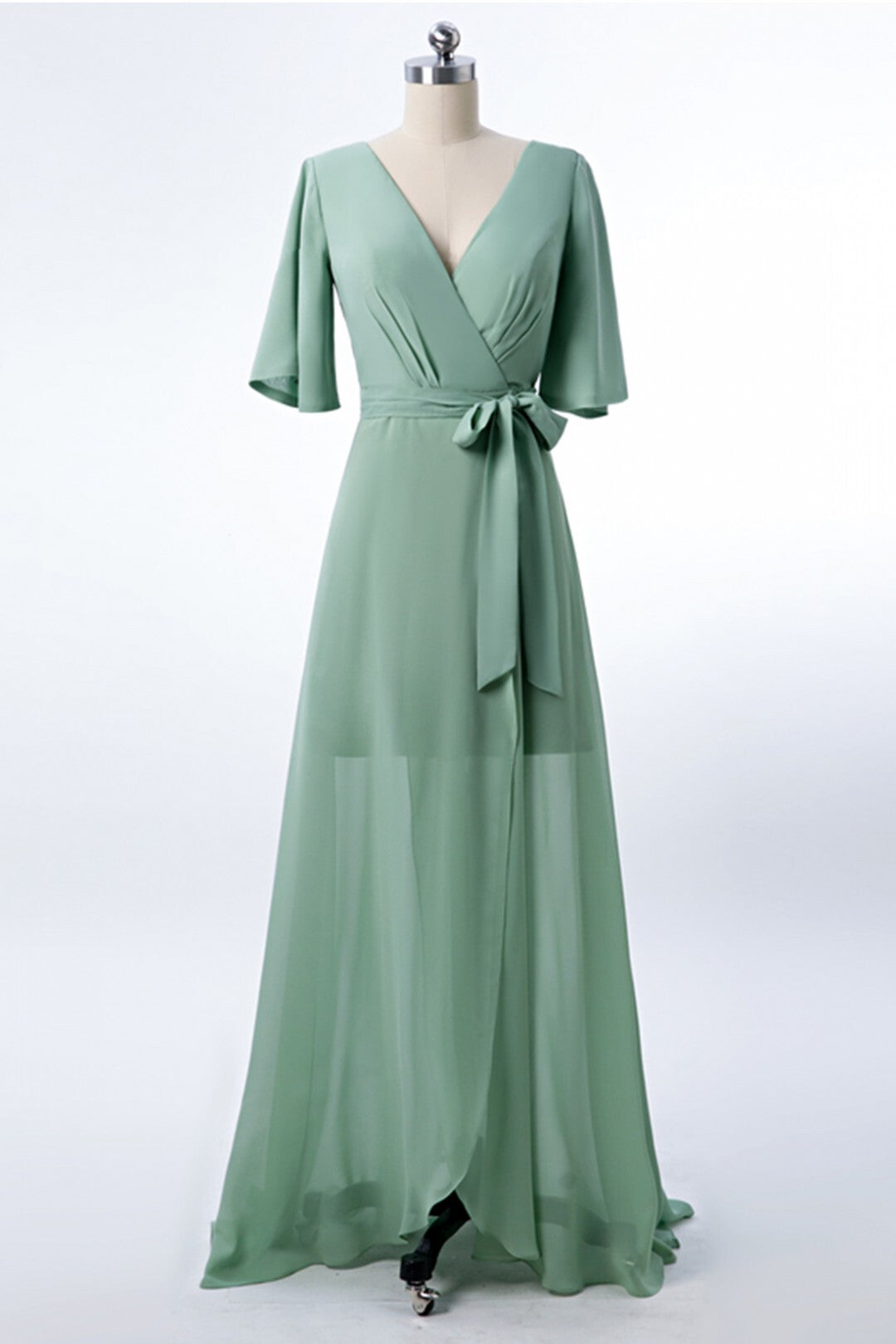 Short Sleeves Green Chiffon Wrap Long Party Dress