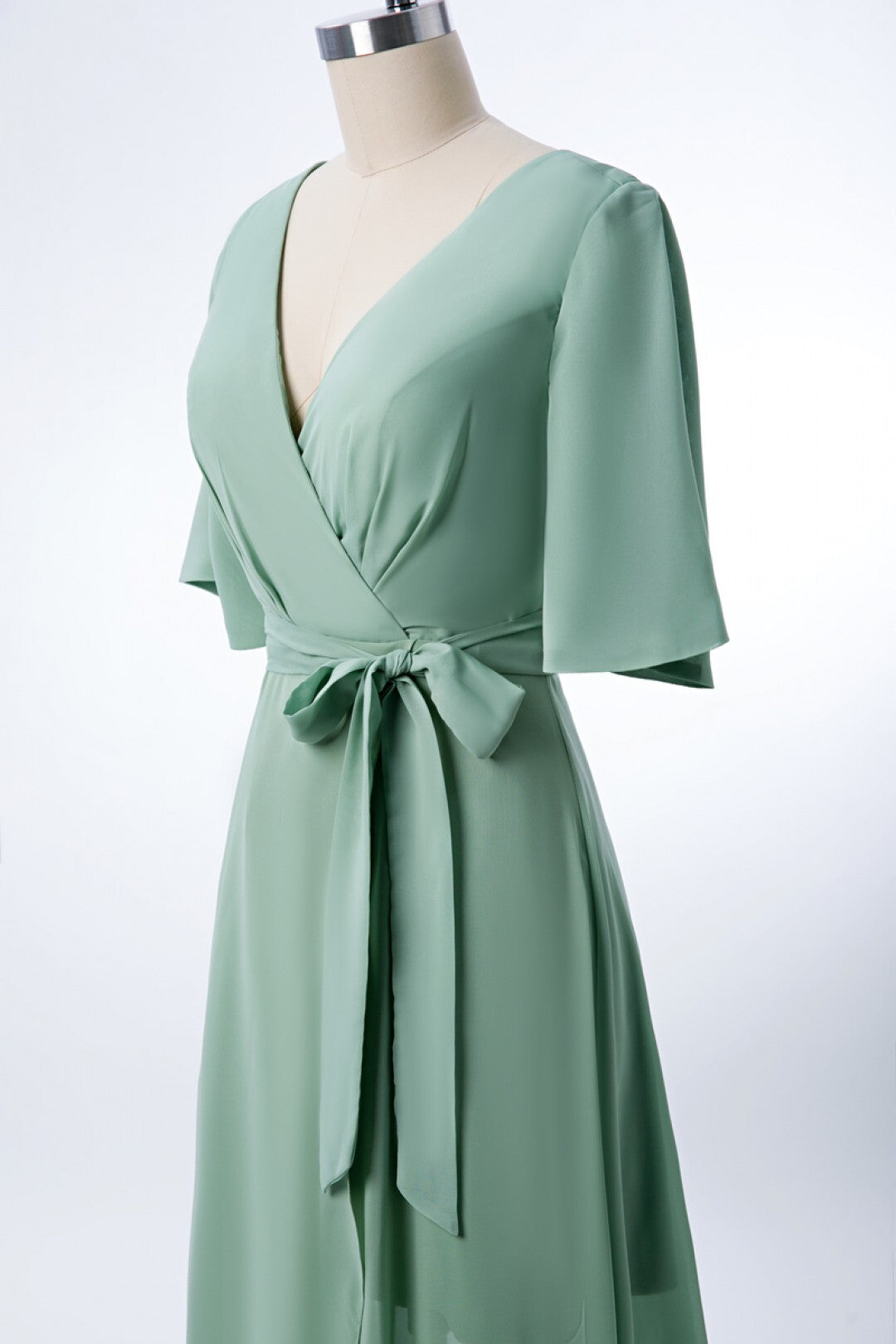 Short Sleeves Green Chiffon Wrap Long Party Dress
