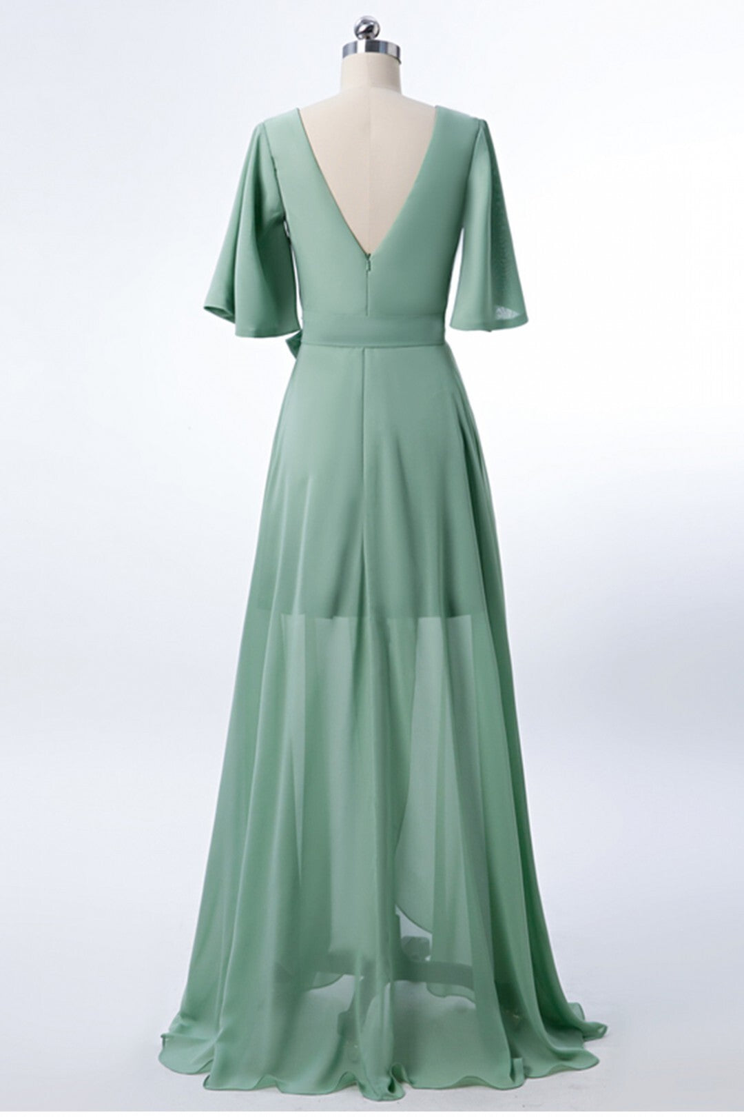 Short Sleeves Green Chiffon Wrap Long Party Dress