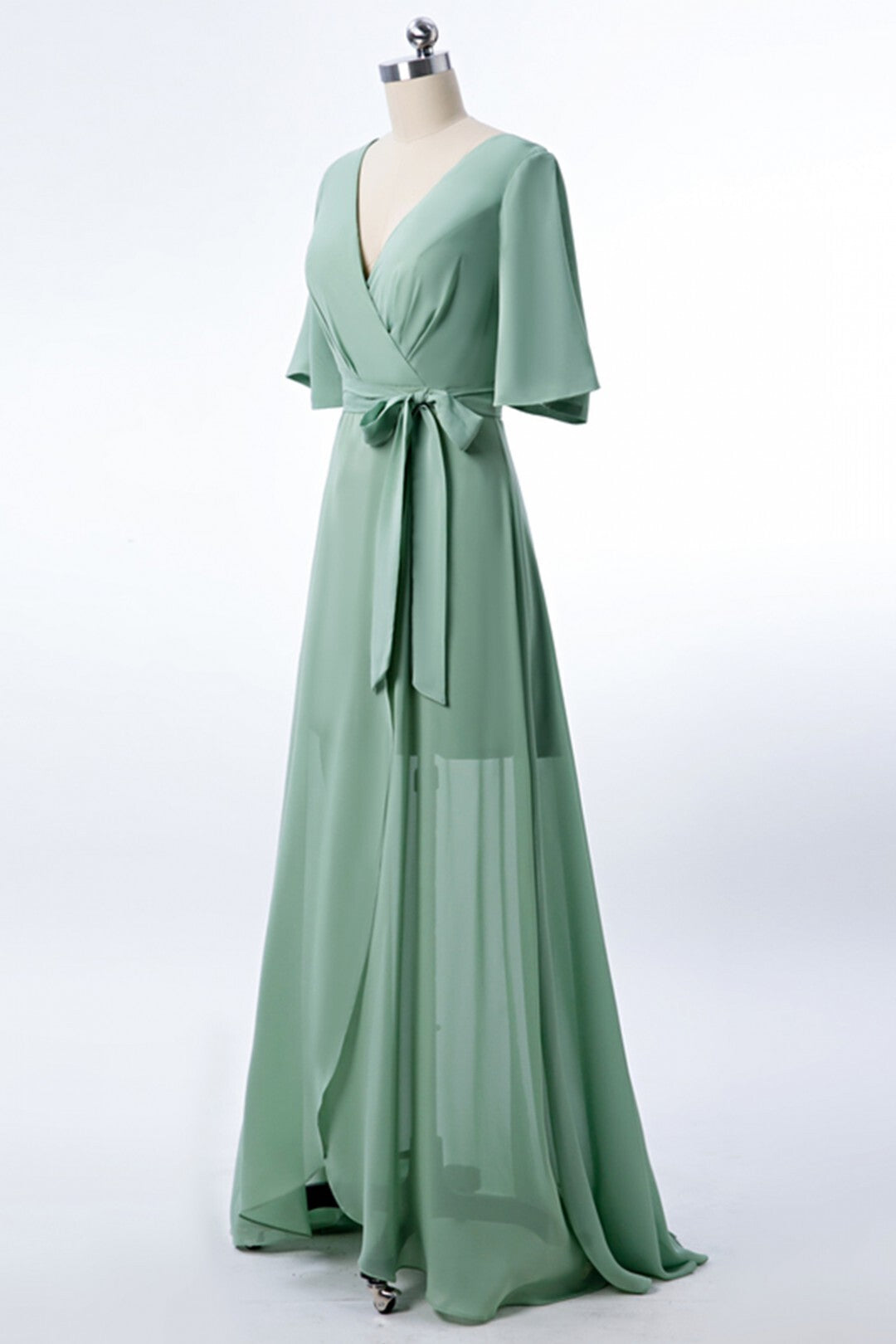 Short Sleeves Green Chiffon Wrap Long Party Dress