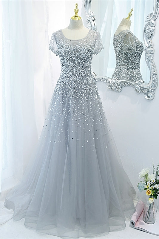 Silver Sequins A-line Long Formal Dress with Cap Sleeves