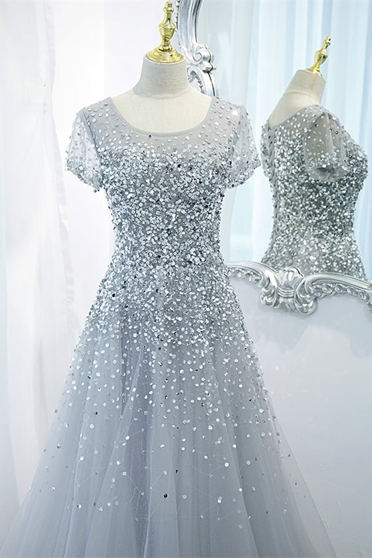 Silver Sequins A-line Long Formal Dress with Cap Sleeves