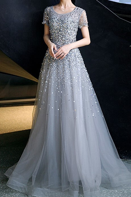 Silver Sequins A-line Long Formal Dress with Cap Sleeves