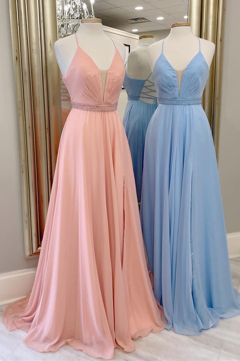 Simple Blush A-line Chiffon Long Prom Dress 