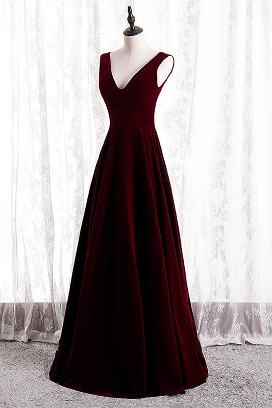 Simple Burgundy Velvet Long Party Dress 