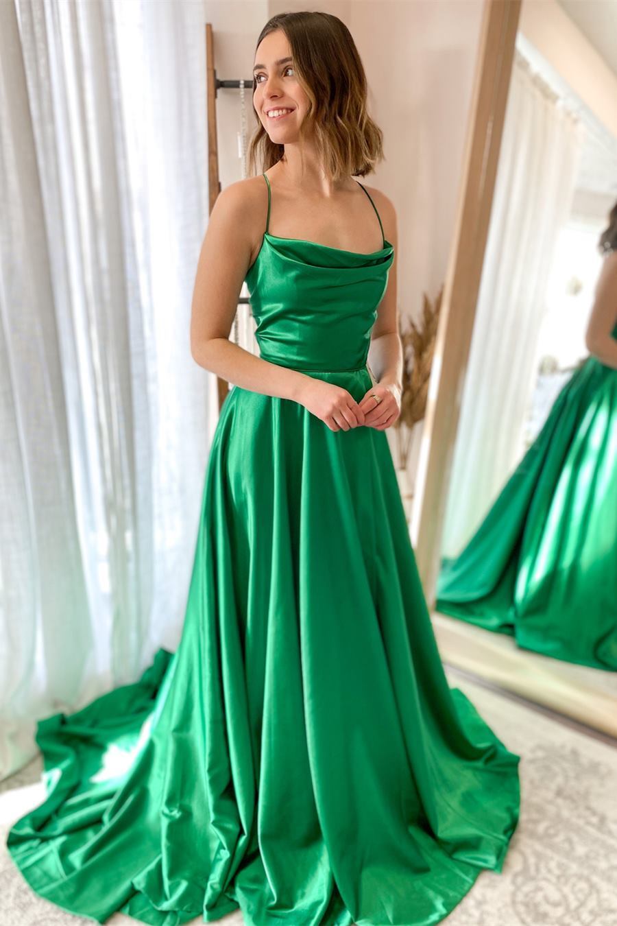 Simple Green A-line Spaghetti Straps Long Prom Dress