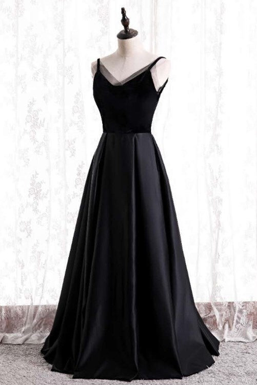 Simple Straps A-line Black Long Party Dress