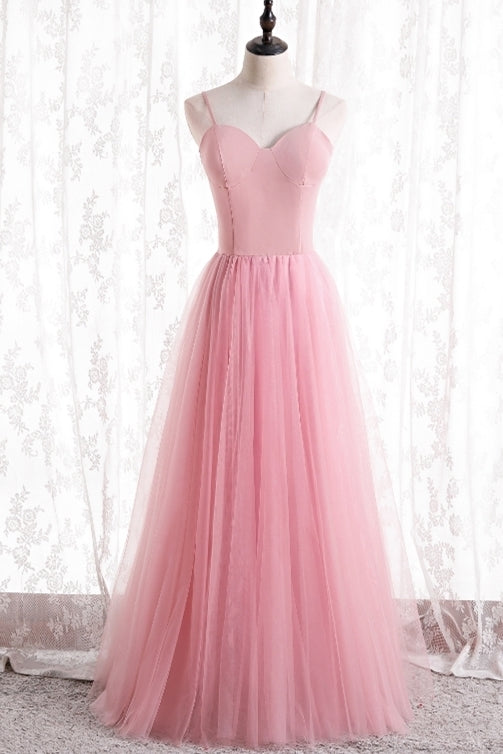 Simple Straps A-line Pink Long Party Dress