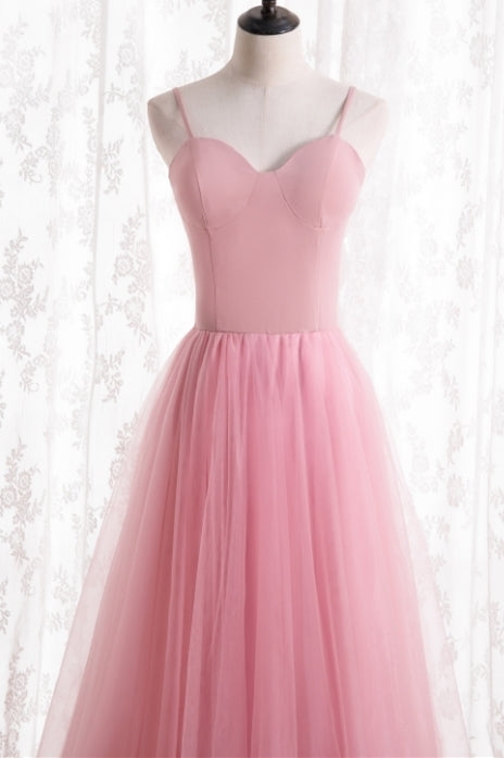 Simple Straps A-line Pink Long Party Dress