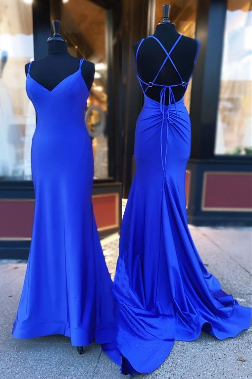 Simply Royal Blue V Neck Mermaid Long Prom Dress