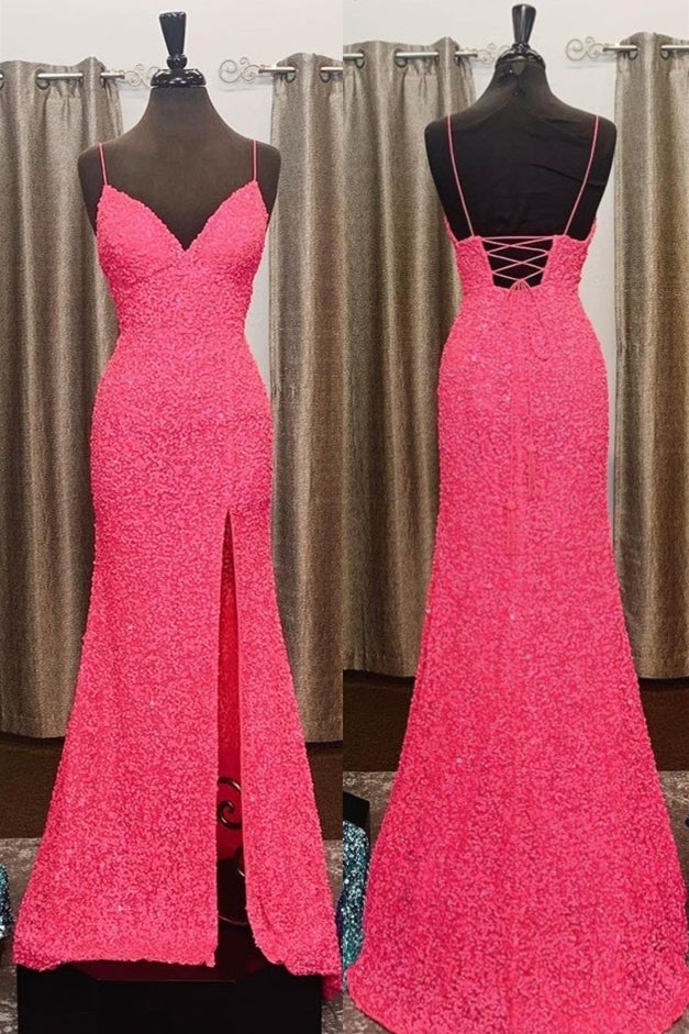Spaghetti Straps Neon Pink Mermaid Long Prom Dress with Slit
