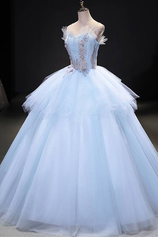 Spaghetti Straps Blue Long Ball Gown