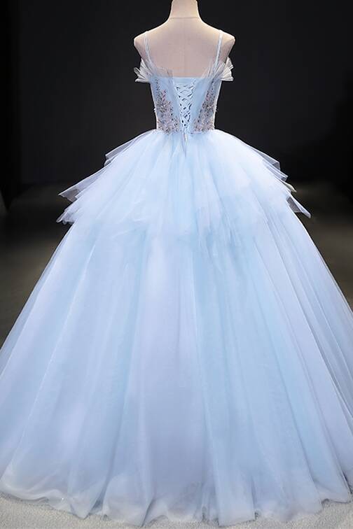 Spaghetti Straps Blue Long Ball Gown