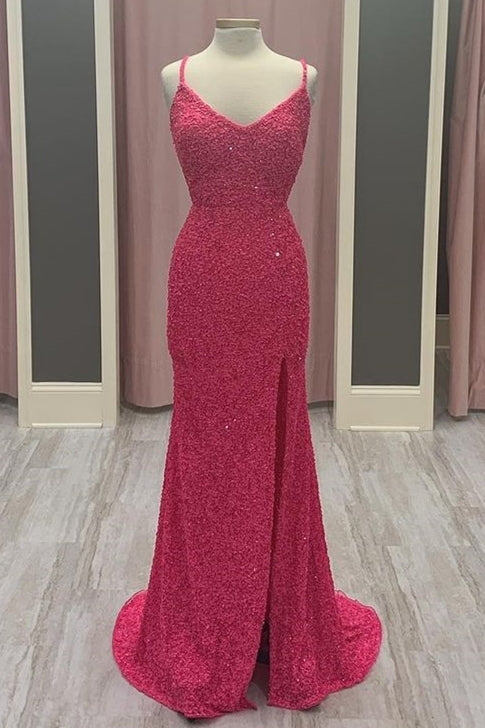 Spaghetti Straps Neon Pink Sequin Mermaid Prom Dress