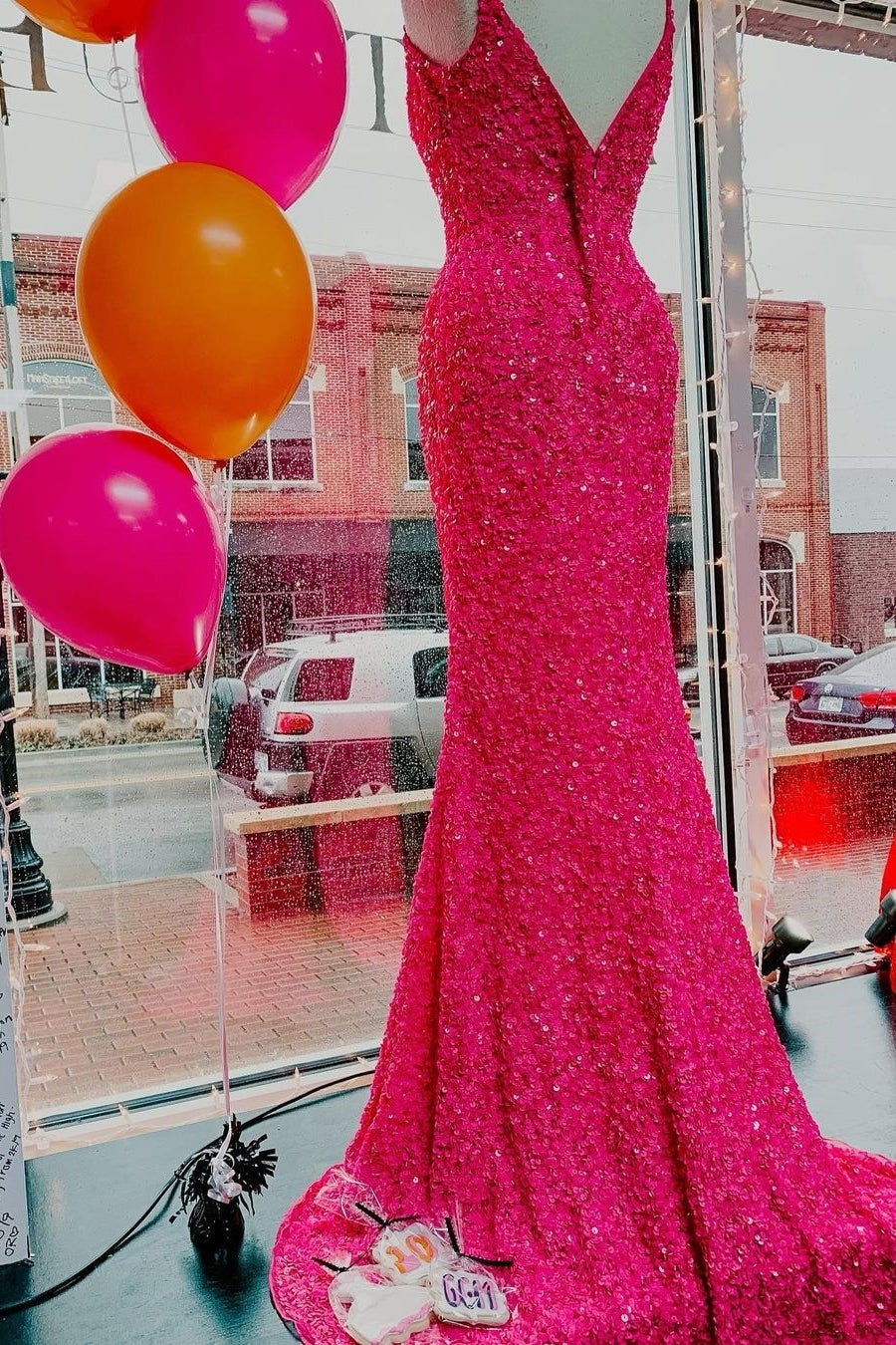 Spaghetti Straps Neon Pink Sequin Mermaid Prom Dress