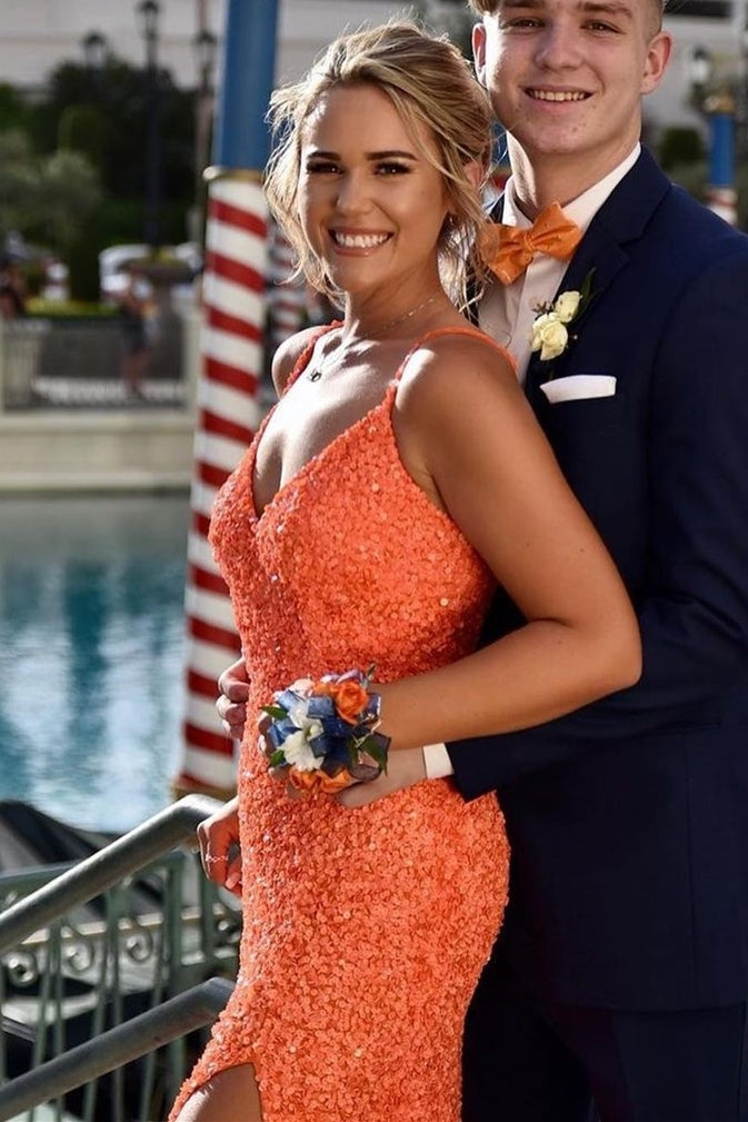 Spaghetti Straps Neon Pink Sequin Mermaid Prom Dress