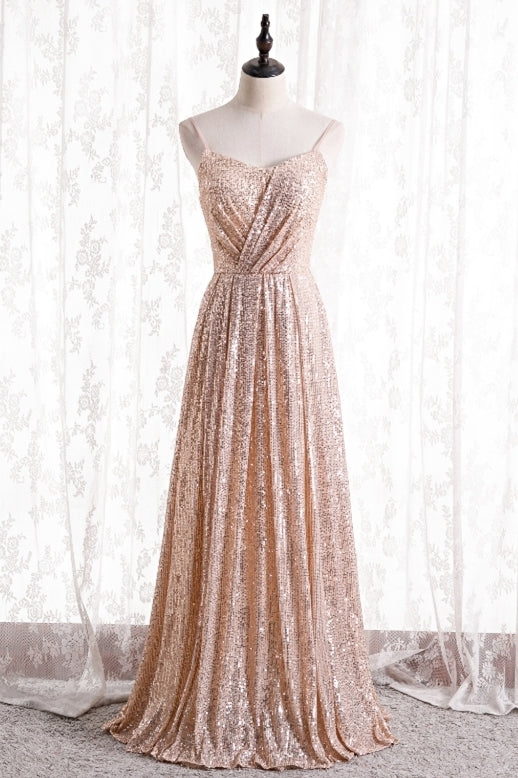 Spaghetti Straps Rose Gold Sequins Long Bridesmaid Dress
