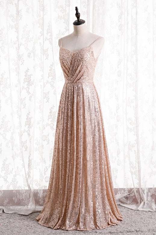 Spaghetti Straps Rose Gold Sequins Long Bridesmaid Dress