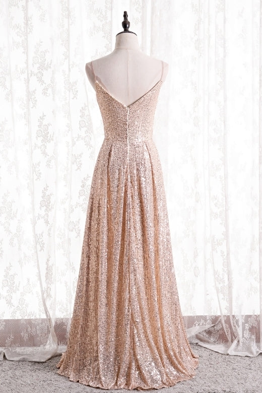Spaghetti Straps Rose Gold Sequins Long Bridesmaid Dress