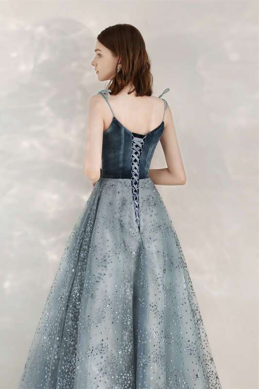 Sparkle A-line Blue Long Formal Dress with Velvet Bodice