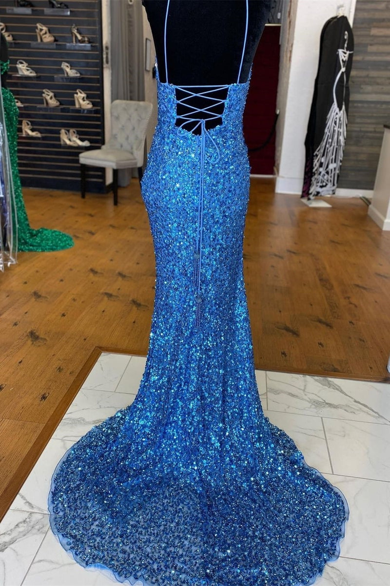 Sparkle Blue Sequin Mermaid Side Slit Long Formal Dress