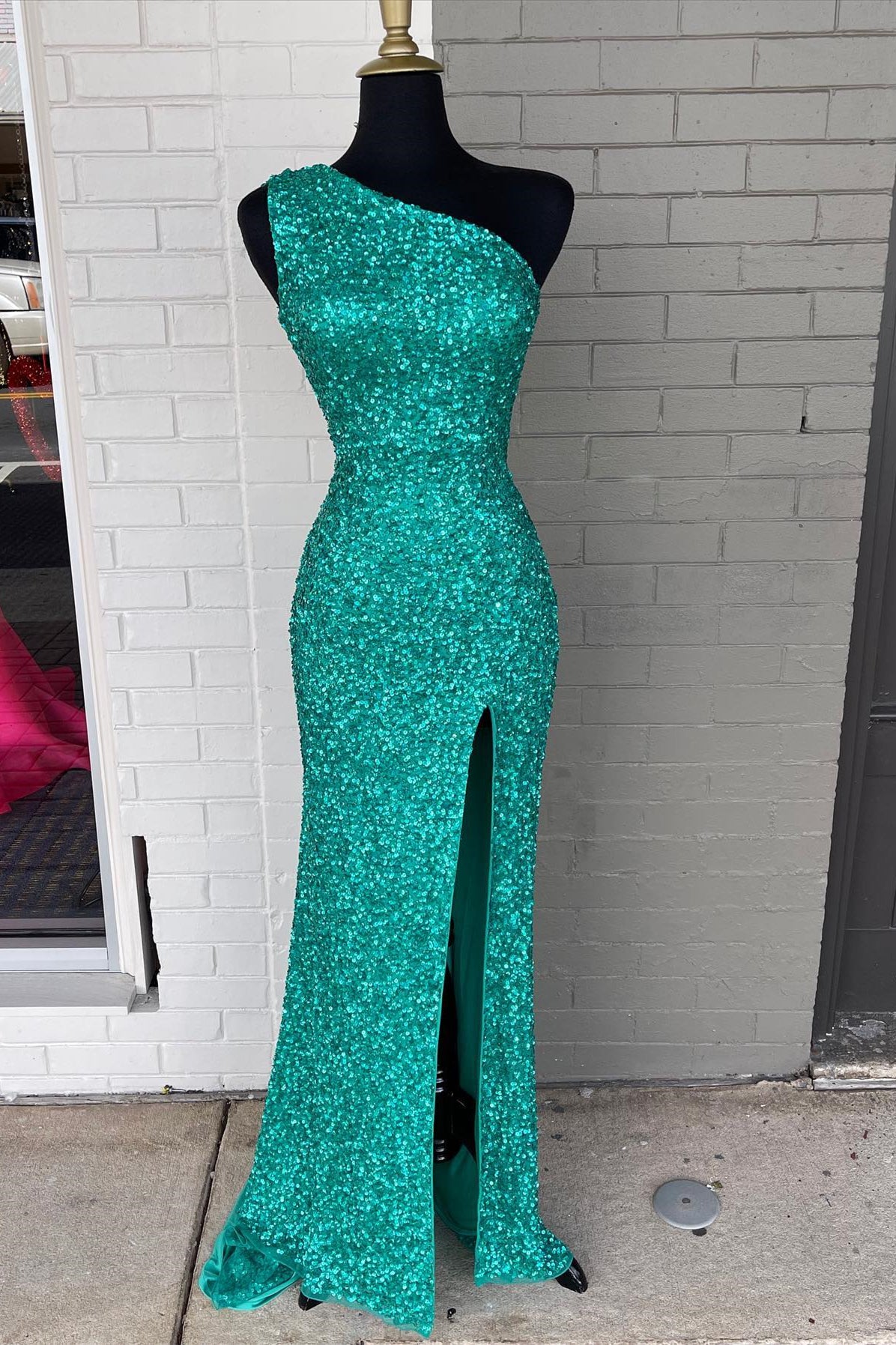 Sparkle Green Sequin One Shoulder Mermaid Long Formal Dress