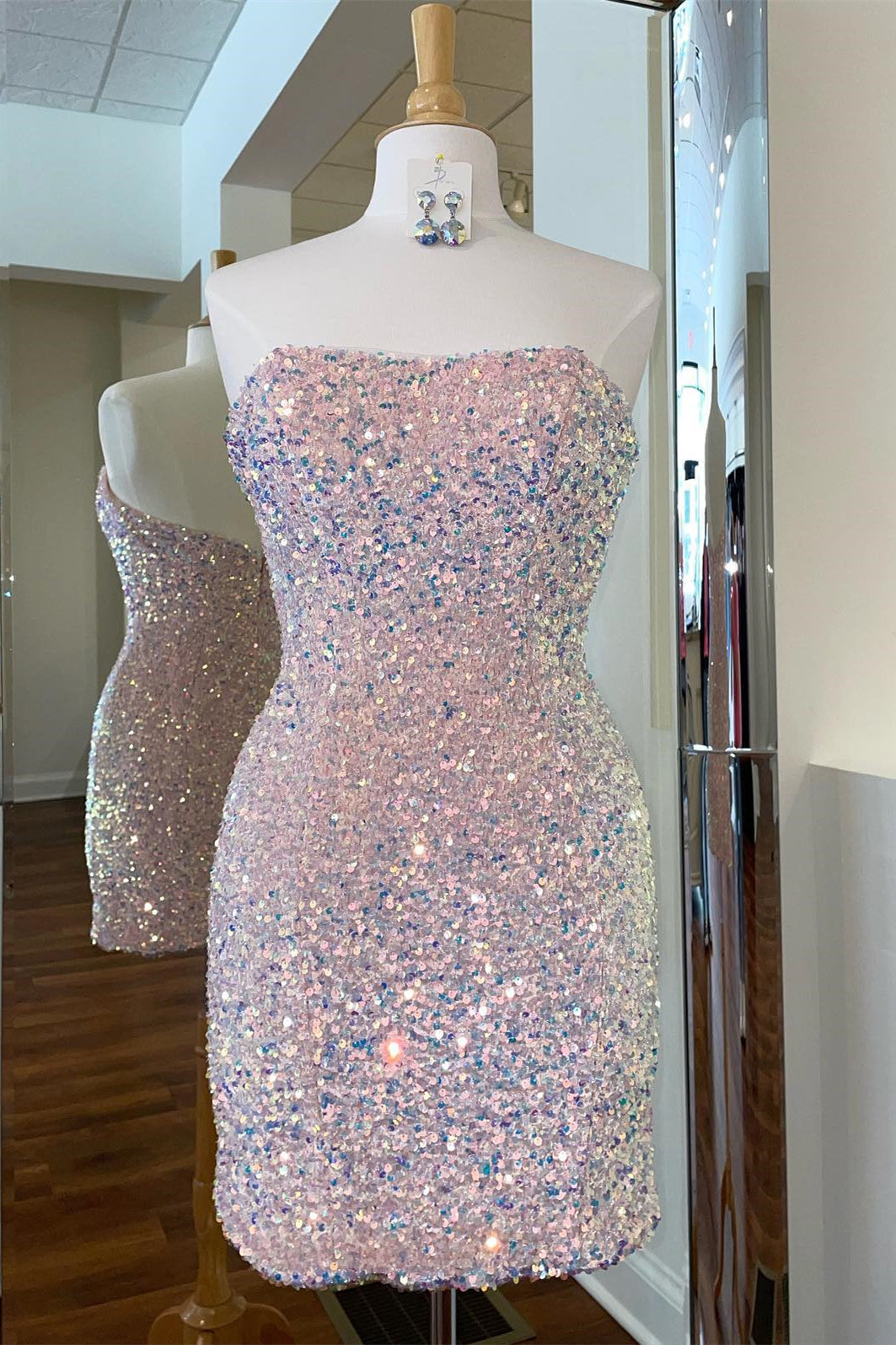 Sparkle Pink Sequin Strapless Bodycon Mini Party Dress