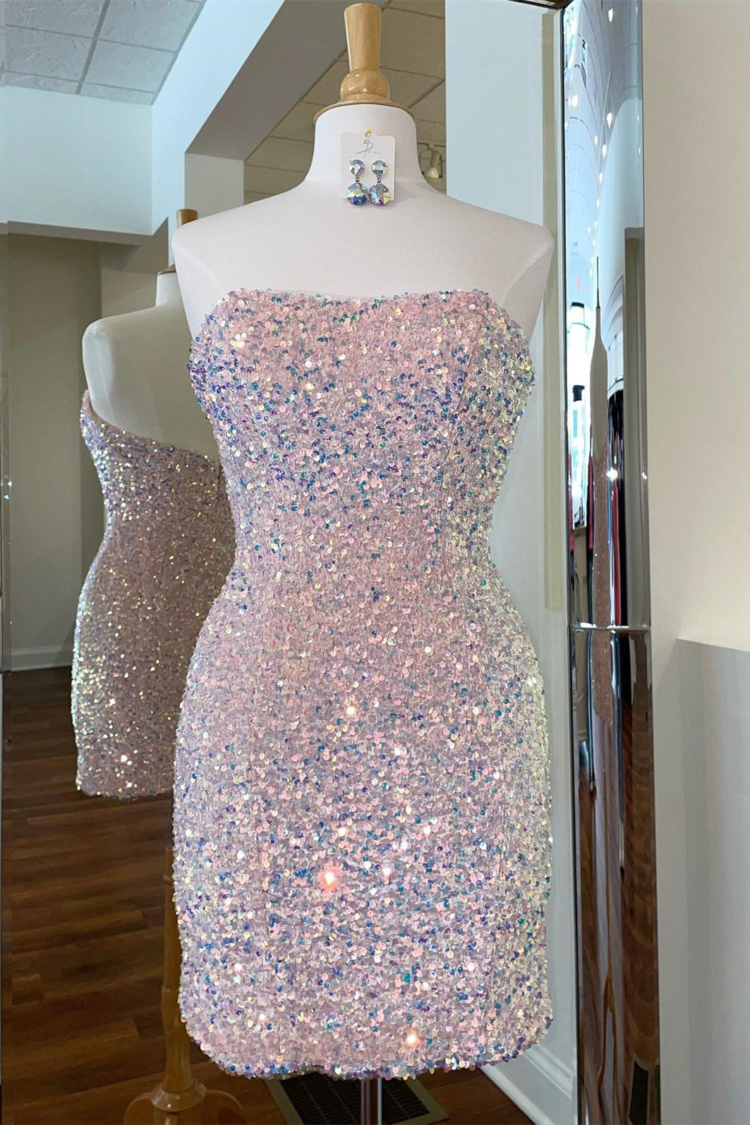 Sparkle Pink Sequin Strapless Bodycon Mini Party Dress  Dressesforparty