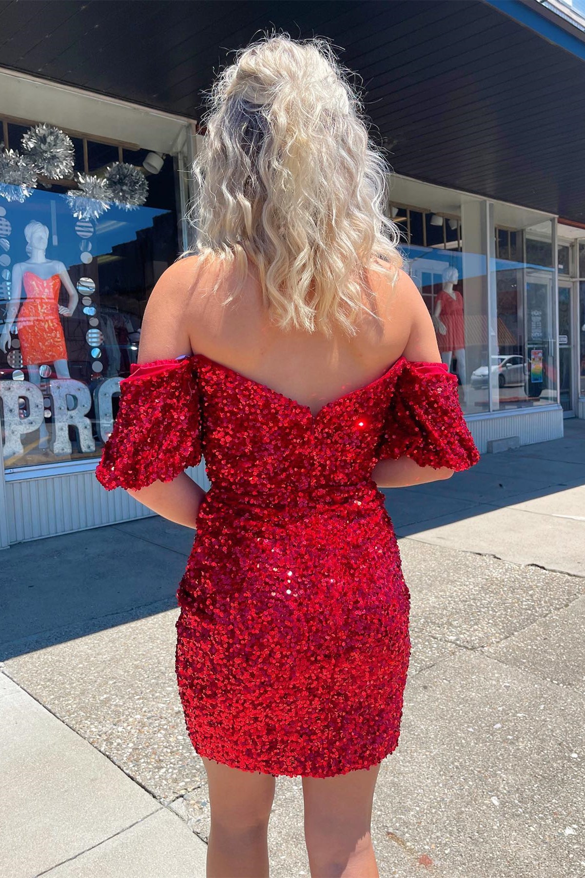 Sparkle Red Sequin Off the Shoulder Bodycon Mini Party Dress