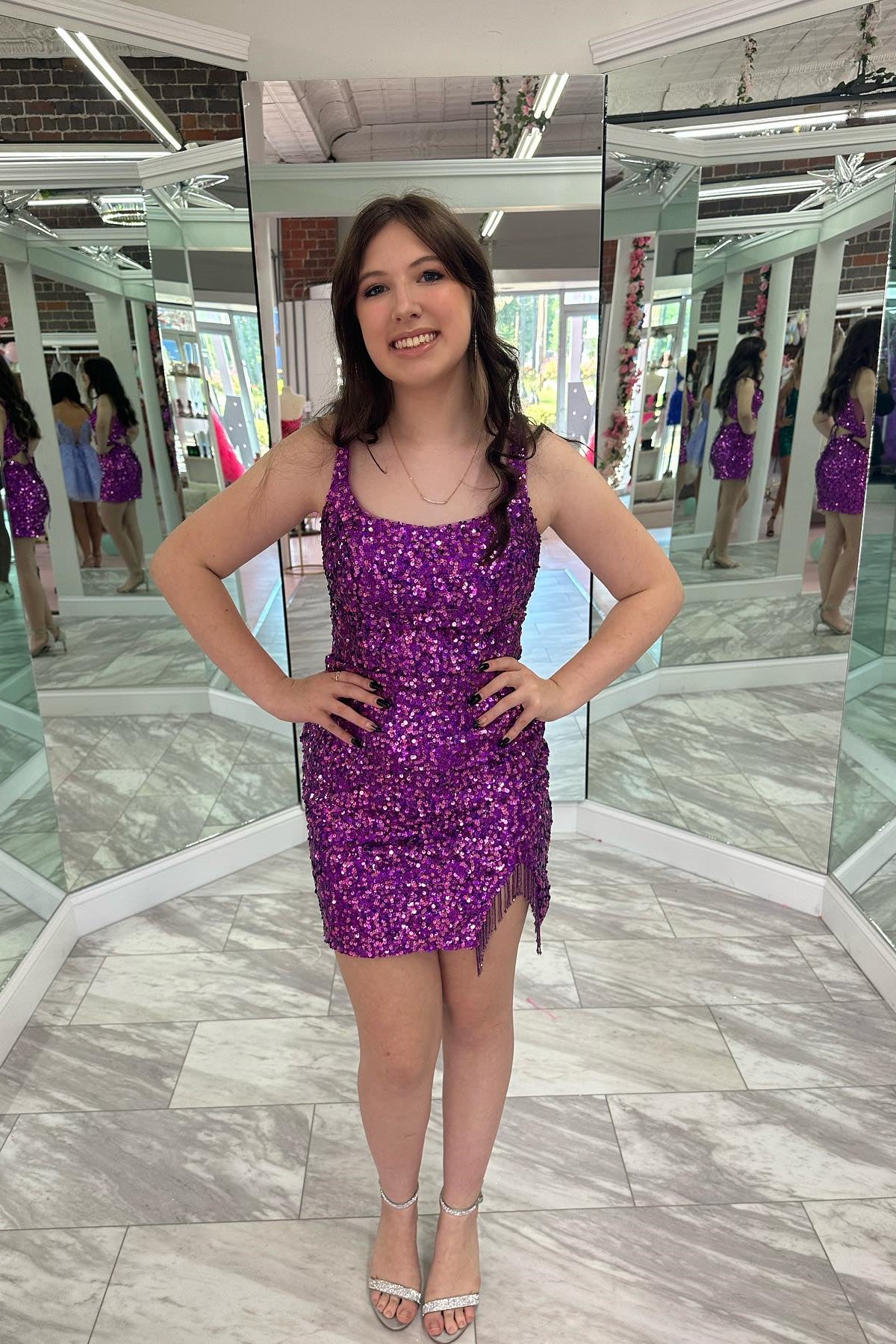 Square Neck Purple Sequin Tassels Mini Dress